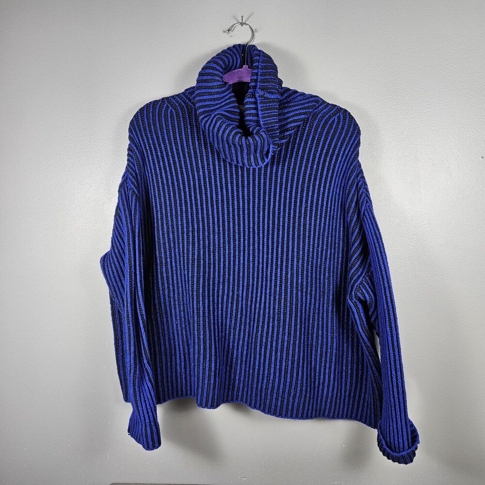 ZARA Knit Women's Blue/Black Striped Roll-Neck Turtleneck Sweater Size‎ Large